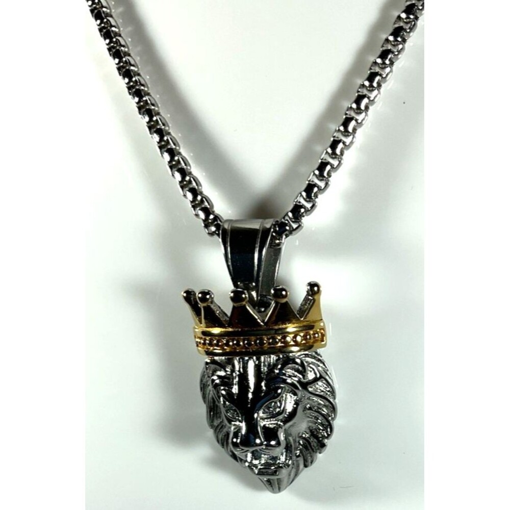 HZMAN Lion Head Silver w/ Gold Crown Tone Stainless Steel Pendant Necklace 26"